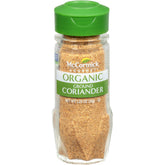 McCormick Gourmet Organic Ground Coriander front label highlights organic quality and citrus aroma.