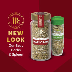 McCormick Gourmet Organic Marjoram label closeup shows organic certification and fresh packaging
