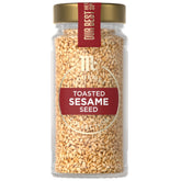 McCormick Gourmet Toasted Sesame Seed bottle adds golden color and nutty aroma to dishes