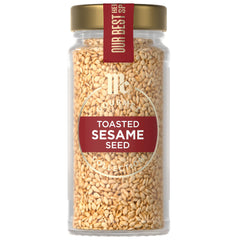 McCormick Gourmet Toasted Sesame Seed bottle adds golden color and nutty aroma to dishes