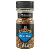 McCormick Grill Mates Montreal Steak Seasoning bottle label adds bold aroma before grilling.