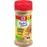 McCormick Perfect Pinch Lemon Pepper bottle front for quick, zesty seafood seasoning.