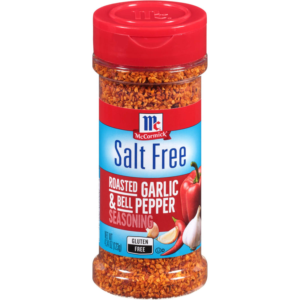 McCormick Salt Free Roasted Garlic & Bell Pepper seasoning bottle front enhances flavor without salt