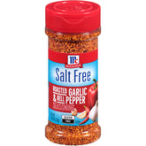 McCormick Salt Free Roasted Garlic & Bell Pepper seasoning bottle front enhances flavor without salt