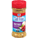 McCormick Salt Free Vegetable Seasoning bottle on kitchen counter for salt-free flavor enhancement.