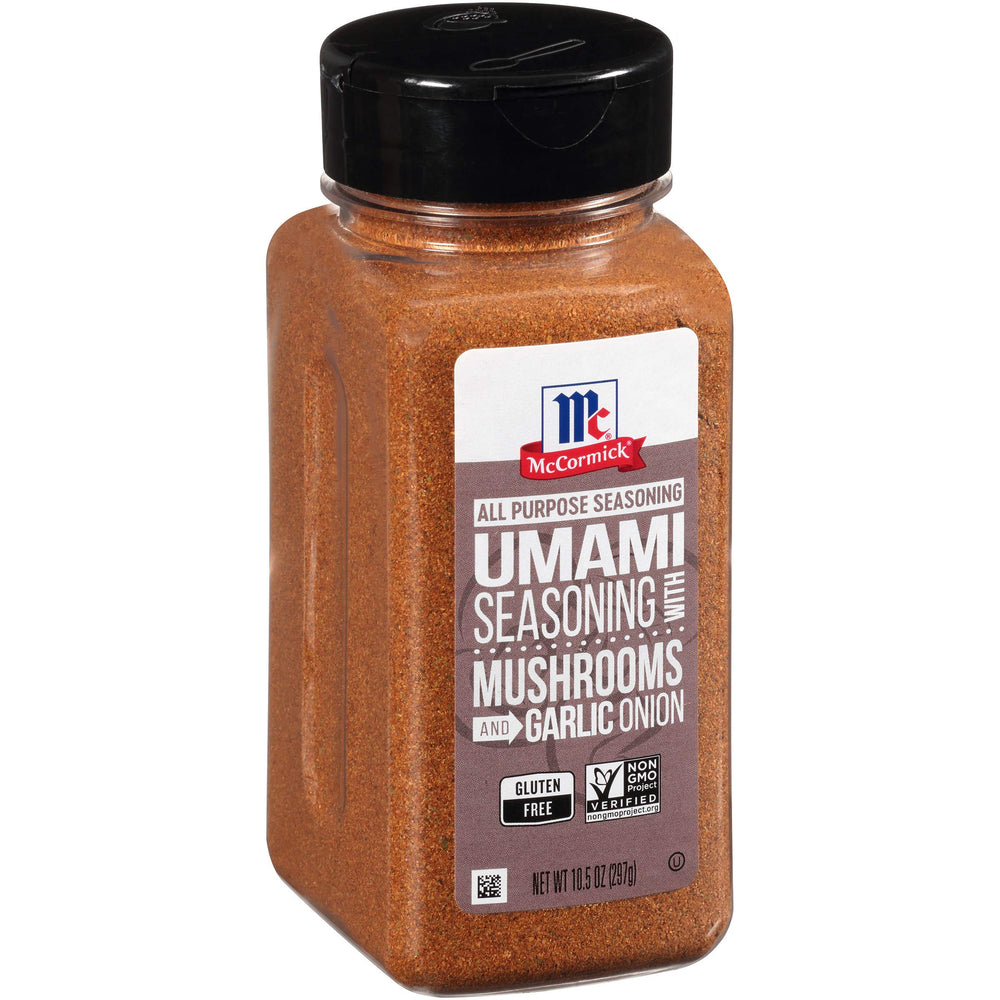 McCormick Umami Seasoning bottle closeup adds savory depth to meals.