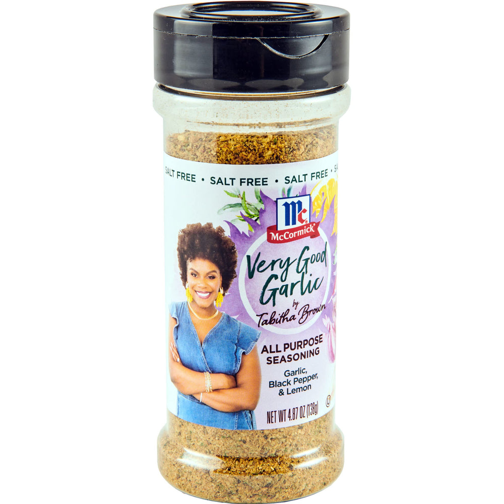 McCormick Very Good Garlic All Purpose Seasoning Tabitha Brown jar front for versatile garlicky flavor.