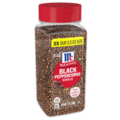 McCormick Whole Black Peppercorns 7 oz bottle delivers bold flavor for fresh grinding.