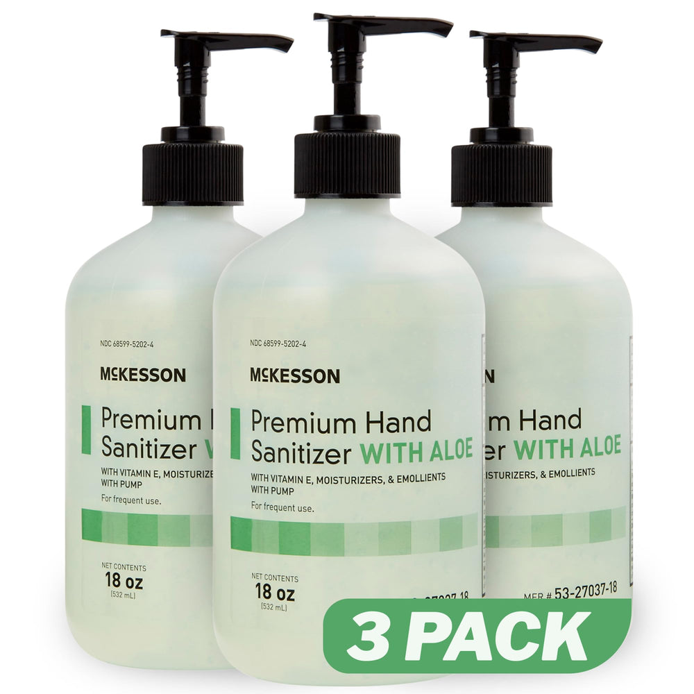 McKesson hand sanitizer with aloe 18oz pump bottle shown for quick, moisturizing cleansing