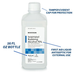 McKesson Isopropyl rubbing alcohol 70% bottle on counter for everyday first aid prep