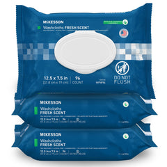 McKesson Washcloth Wipes packaging front shows convenient, ready-to-use cleansing on the go.