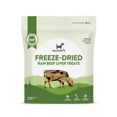 McLovin's freeze-dried beef liver treats in a 14 oz bag, protein-packed for dogs.