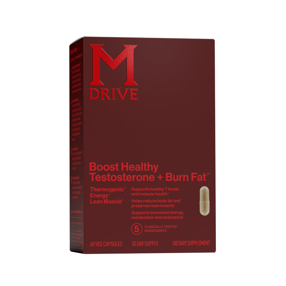 Mdrive Boost and Burn bottle label showing 60 capsules for daily energy and fat support