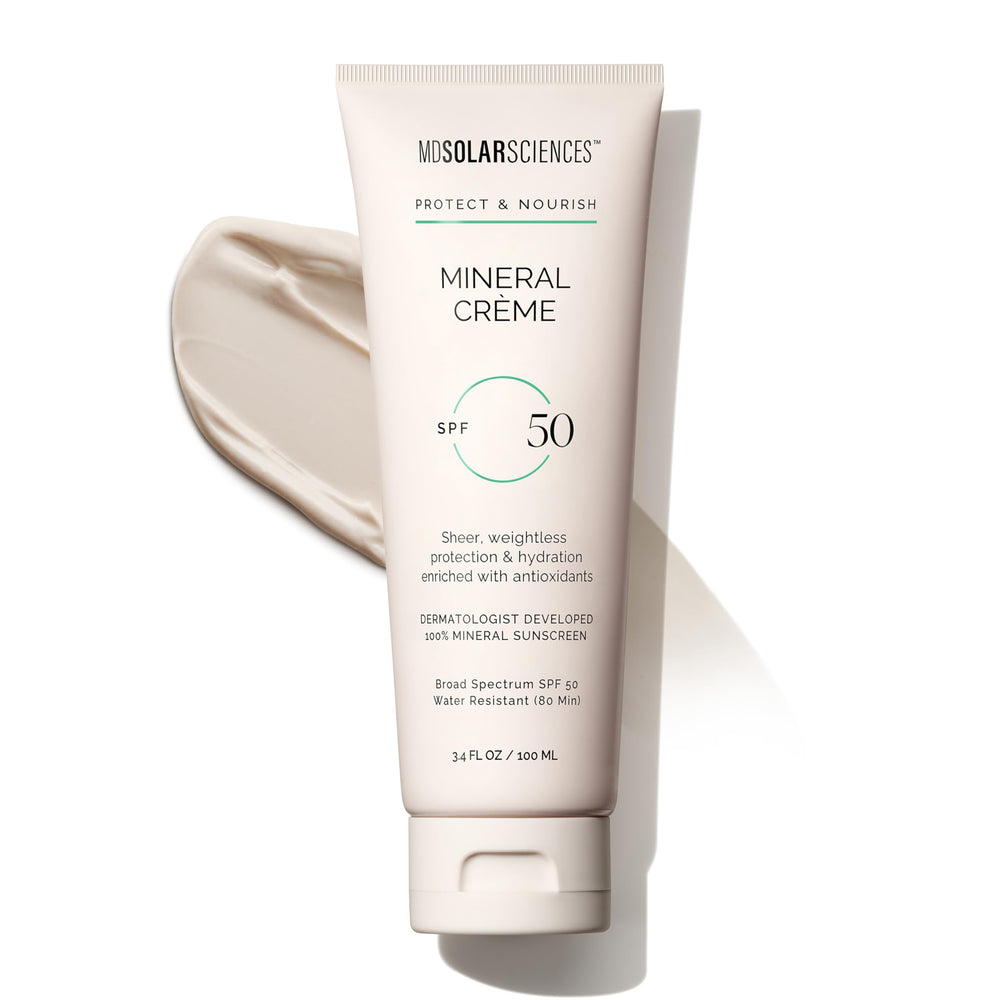MDSolarSciences Mineral Creme Sunscreen SPF 50 bottle with sheer matte finish and no white cast.