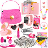 Meaicezli kids play purse pink handbag with heart buckle for dress-up pretend play.