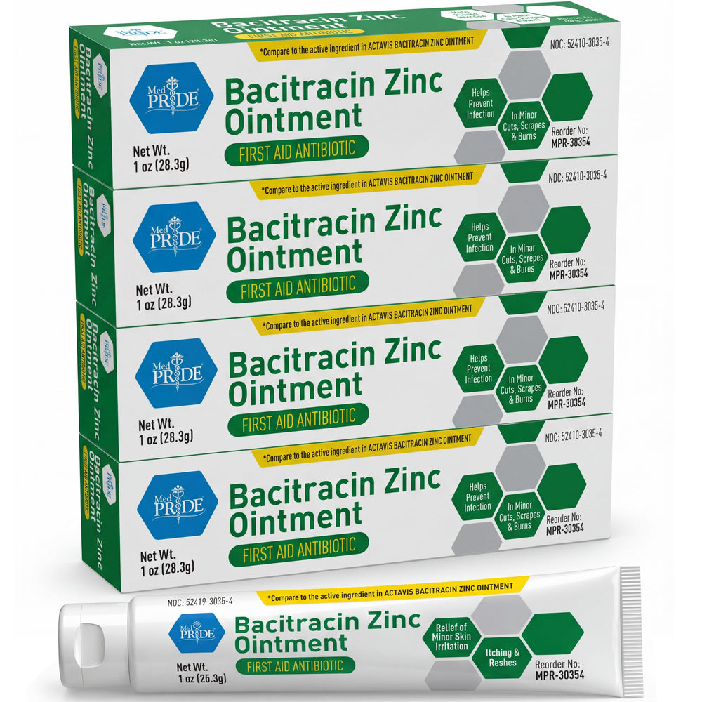 Med Pride Bacitracin Zinc Ointment 1oz tubes in a bulk pack for home and office first aid.