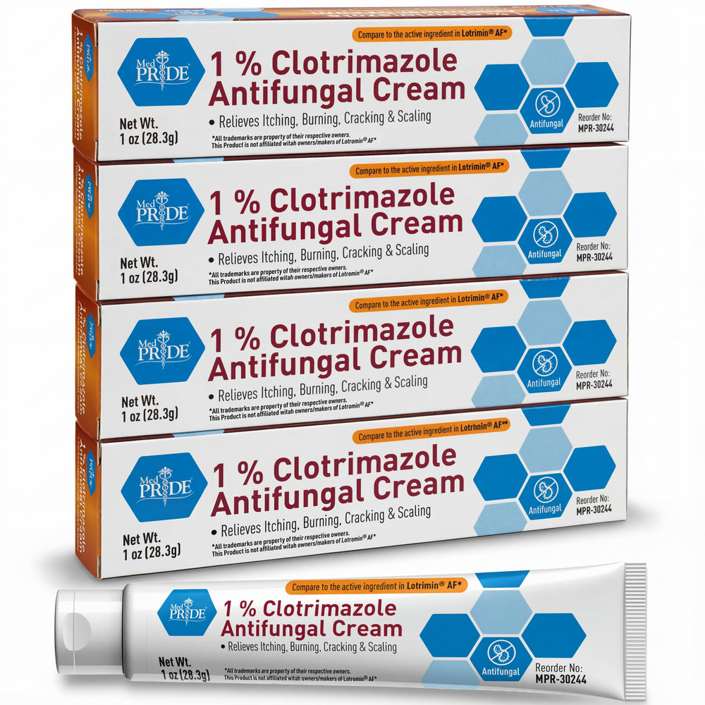 MED PRIDE Clotrimazole 4-pack tubes ready for home use and ongoing treatment.