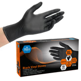 Med Pride extra strength black vinyl gloves front view showing rugged durability for medical and tattoo tasks.