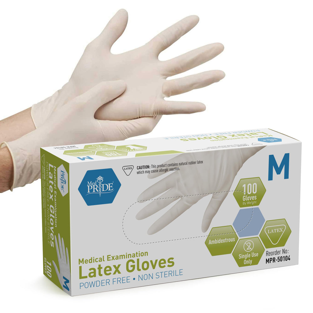 MED PRIDE latex gloves in a compact dispensing box for easy access and organization.