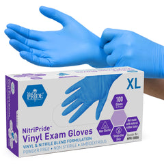 Med Pride nitrile/vinyl blend exam gloves in a box of 100 for everyday tasks.