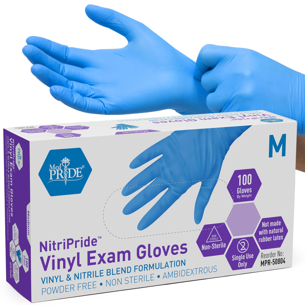 MED PRIDE nitrile-vinyl blend exam gloves in a box, suited for everyday professional tasks.