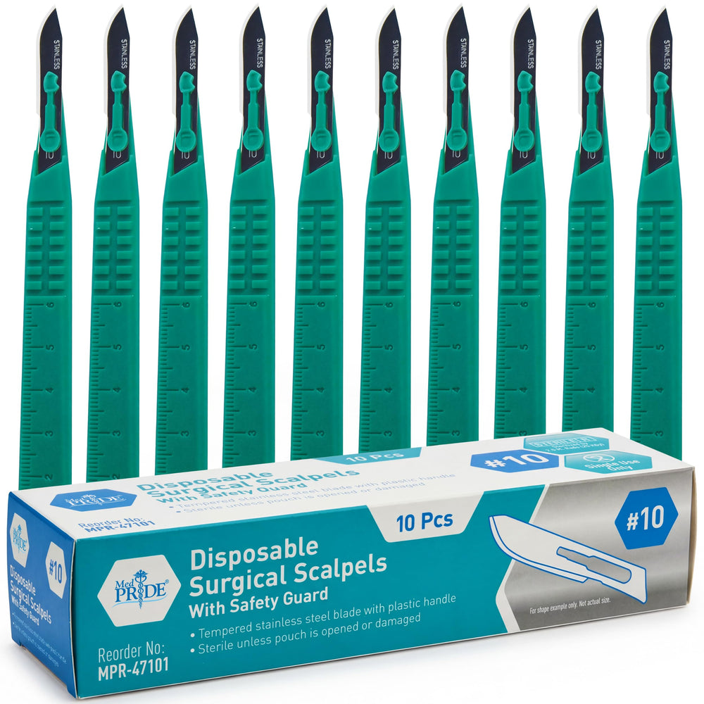 MED PRIDE scalpel blade close-up shows tempered steel edge for precise dermaplaning tasks.