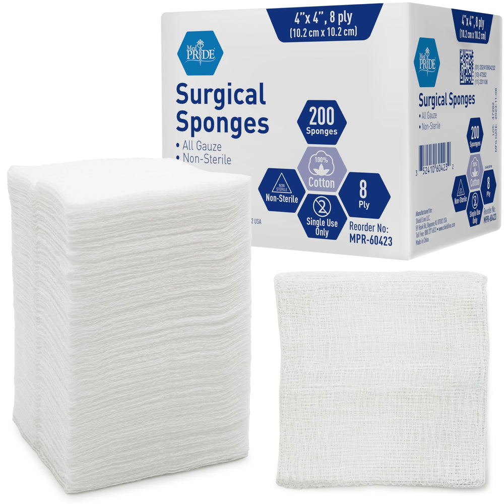 MED PRIDE surgical sponges pack 200 count, 4x4 inch, ideal for versatile wound care.