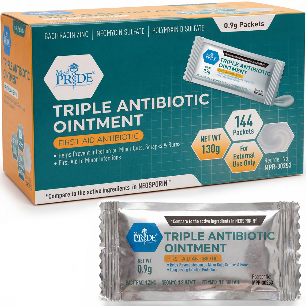 MED PRIDE Triple Antibiotic Ointment packets closeup showing quick wound protection on the go