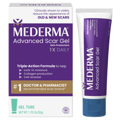 Mederma Advanced Scar Gel bottle shown for at-home scar care and daily use.