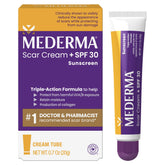 Mederma Scar Cream Plus SPF 30 tube closeup highlighting texture and packaging.