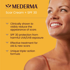Mederma Scar Cream Plus SPF 30 tube on skin demonstrates easy application.