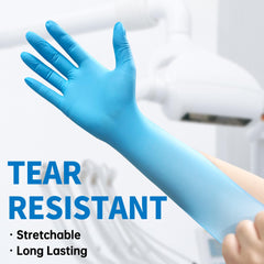 Medguy blue nitrile gloves closeup showing stretch and grip for precise work.
