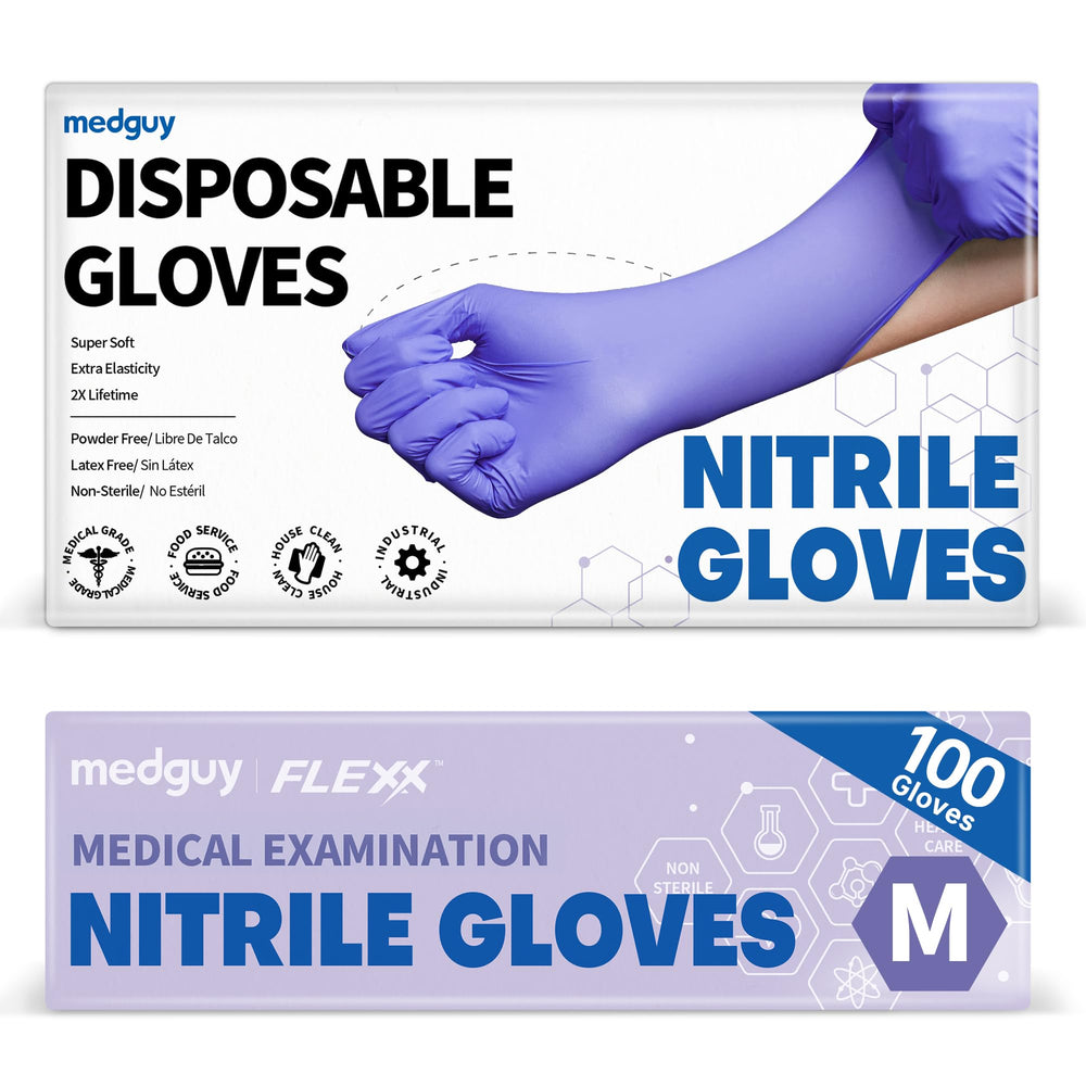 Medguy nitrile exam gloves packaging, blue-violet color, convenient for bulk orders.
