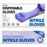 Medguy nitrile exam gloves packaging, blue-violet color, convenient for bulk orders.