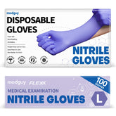 Medguy nitrile gloves 4.5 mil blue-violet close-up shows durability and flexible fit.