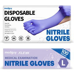 Medguy nitrile gloves 4.5 mil blue-violet close-up shows durability and flexible fit.