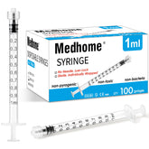 Medhome 100-pack 1mL Luer Lock syringe with no needle, sterile packaging for safe handling.