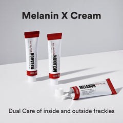 Ingredient close-up shows tranexamic acid and vitamin C derivatives in Melanon X Cream.