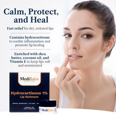 Close-up of MediBalm lip balm being applied for instant soothing.