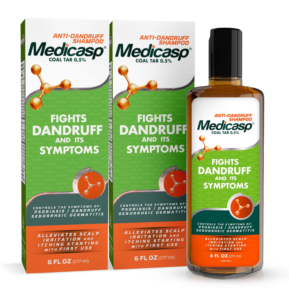 Medicasp coal tar shampoo bottle front view showing packaging and brand name