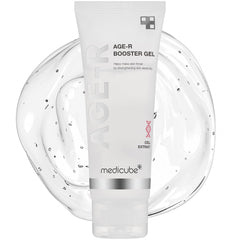 Medicube Age-R Booster Gel Serum bottle close-up highlighting a hydrating formula.