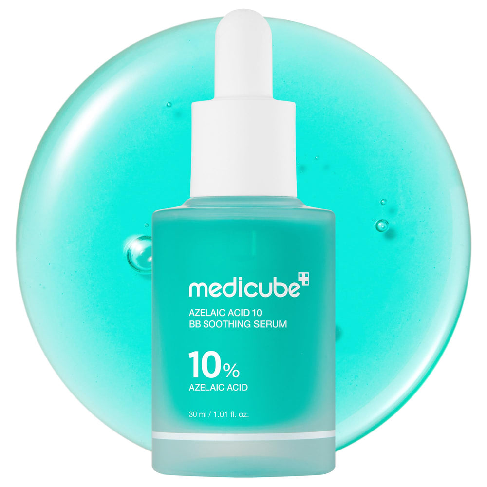 Medicube Azelaic Acid 10 soothing serum bottle shows pore refinement and calm skin.
