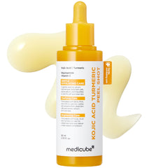 Medicube Peel Shot with Turmeric bottle pour demonstrates easy, targeted exfoliation for brighter skin.