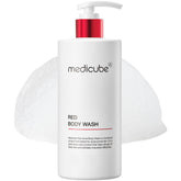 Medicube Red Body Wash bottle closeup showing hydrating formula.