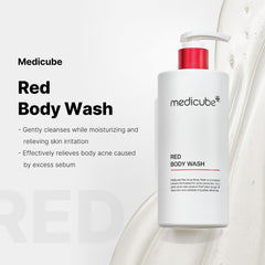 Medicube Red Body Wash pour shot highlighting a gentle low pH cleanse.