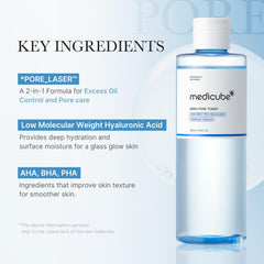 Medicube Zero Pore Toner ingredient panel highlights AHA, BHA, PHA.