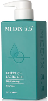 Medix 5.5 glycolic acid body wash bottle pour for a deep exfoliating cleanse.