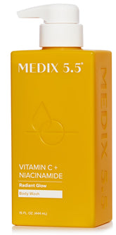 Medix 5.5 Radiant Glow Vitamin C body wash bottle promotes refreshed, soft skin.