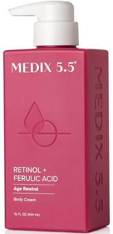 Medix 5.5 Retinol Body Lotion bottle shows rich hydration for crepey skin