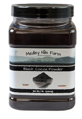 Medley Hills Farm black cocoa powder in a reusable container for easy baking prep.